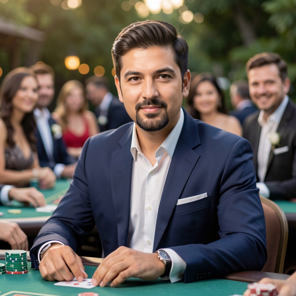 Grupa uczestników przy stole do blackjacka podczas tematycznej imprezy kasynowej w stylu Las Vegas