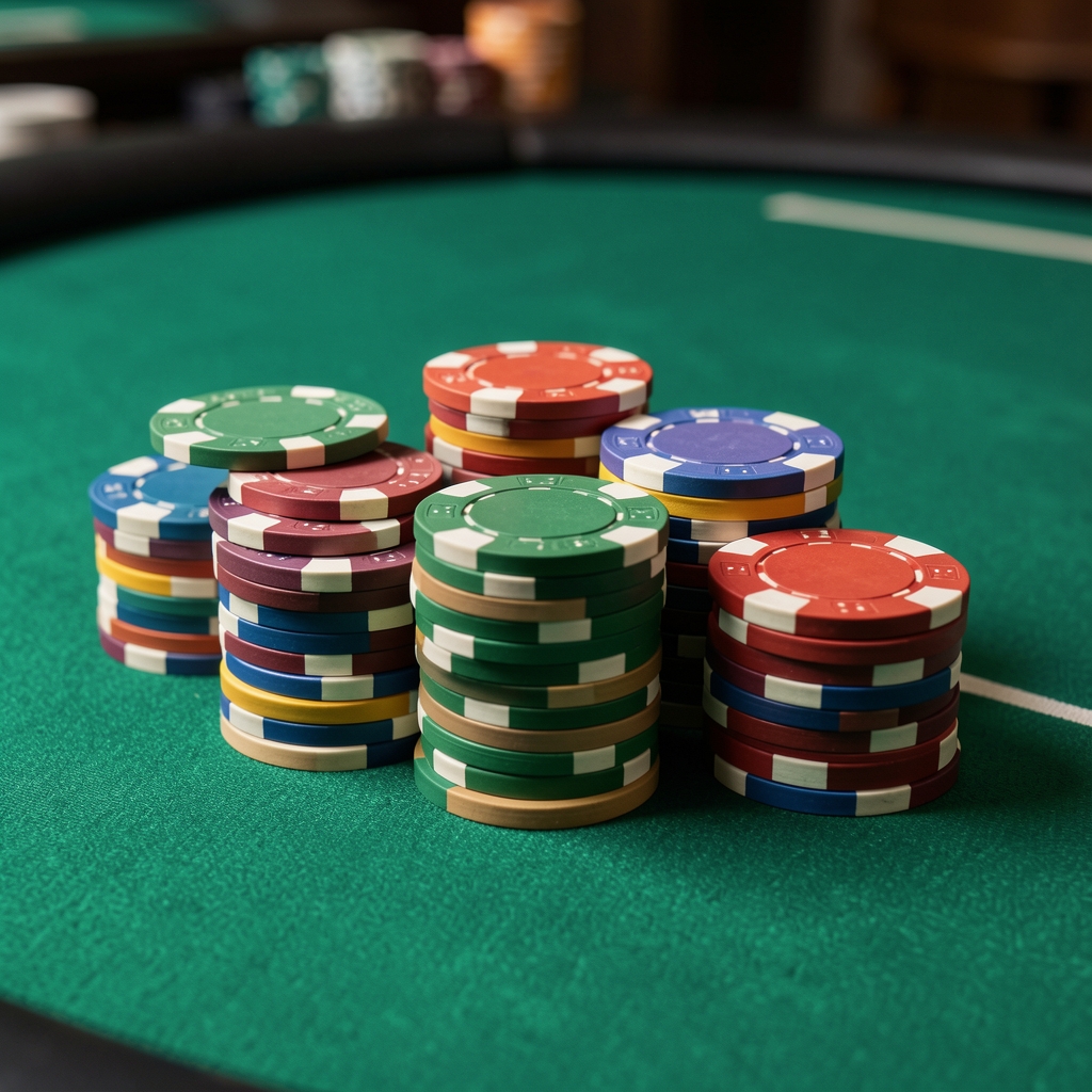 Zbliżenie na kolorowe żetony kasynowe ułożone w stosach na zielonym suknie pokerowego stołu