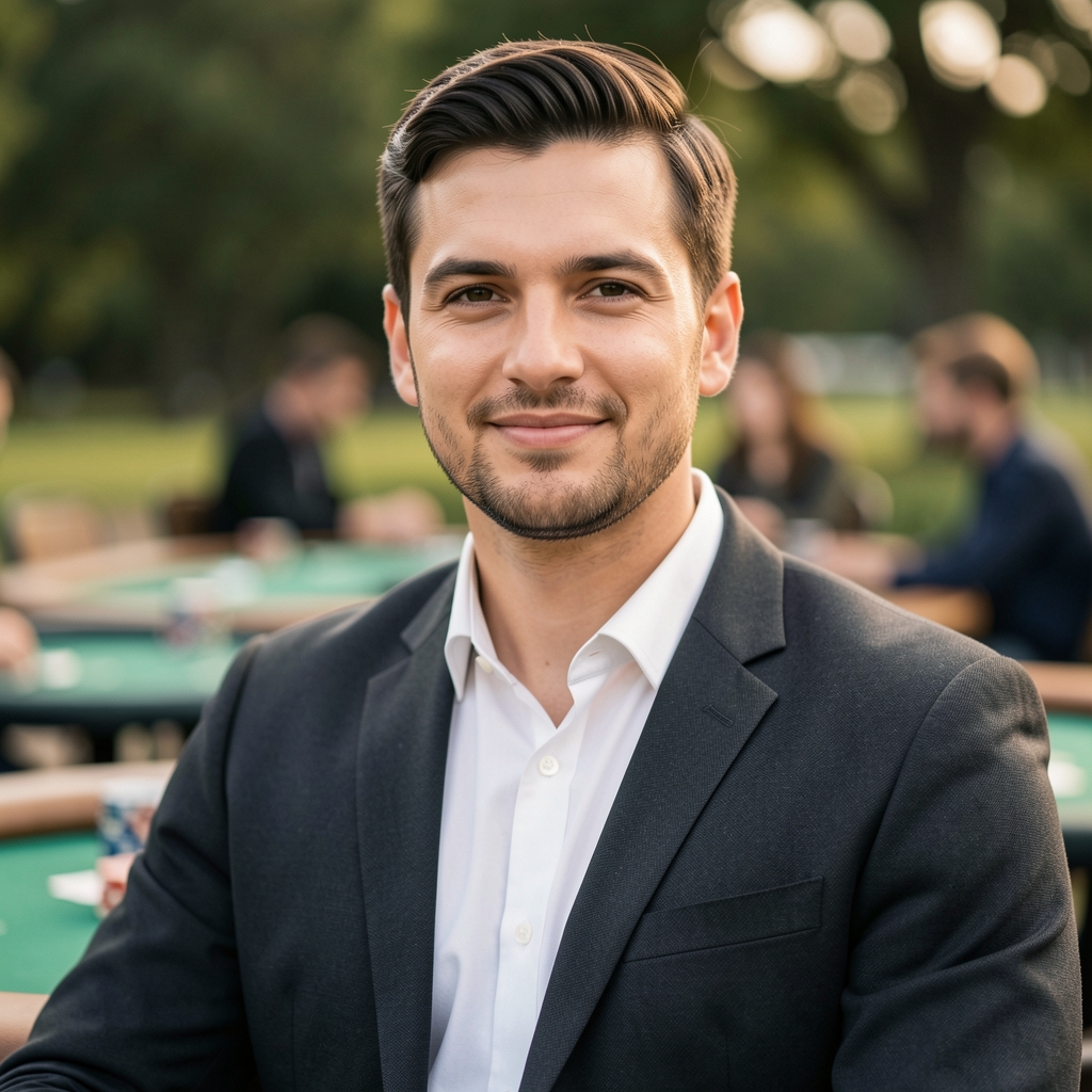 Widok na cztery stoły do pokera Texas Hold'em ustawione w rzędach w dużej sali eventowej, profesjonalne oświetlenie, pełna sala uczestników