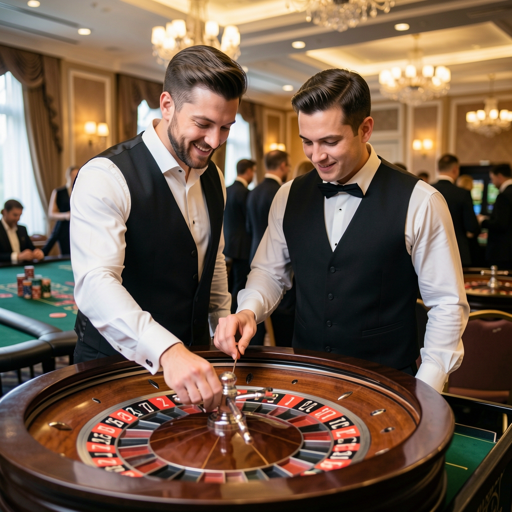 Krupier w białej koszuli i czarnej kamizelce kręcący kołem ruletki podczas eleganckiego wieczoru kasynowego