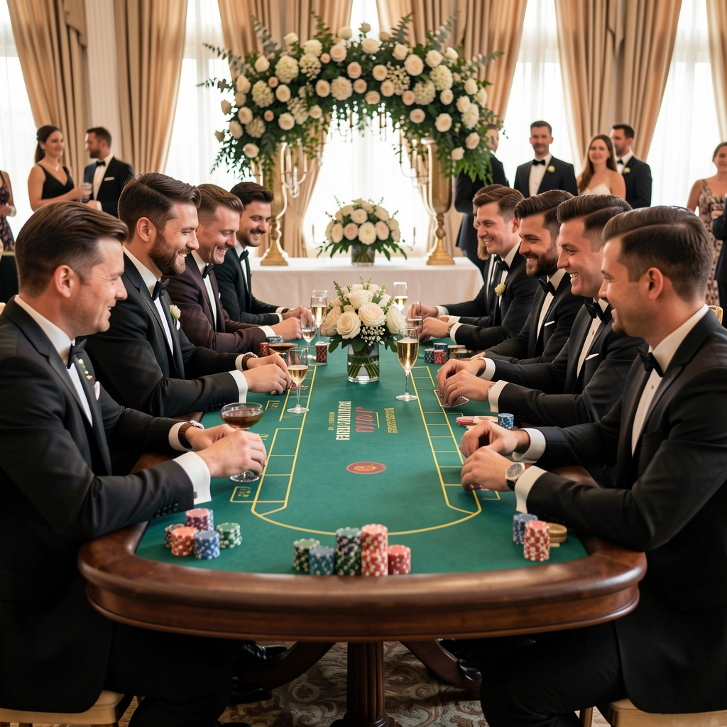 Stół pokerowy podczas przyjęcia weselnego, goście w eleganckich strojach bawiący się przy grze, dekoracje kwiatowe w tle