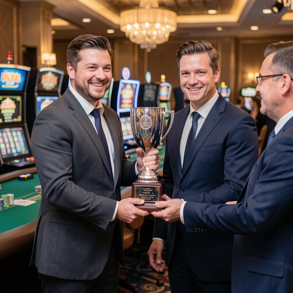 Zwycięzca turnieju pokerowego odbierający trofeum z rąk organizatora na tle stoisk kasynowych, uśmiechnięty z pucharem