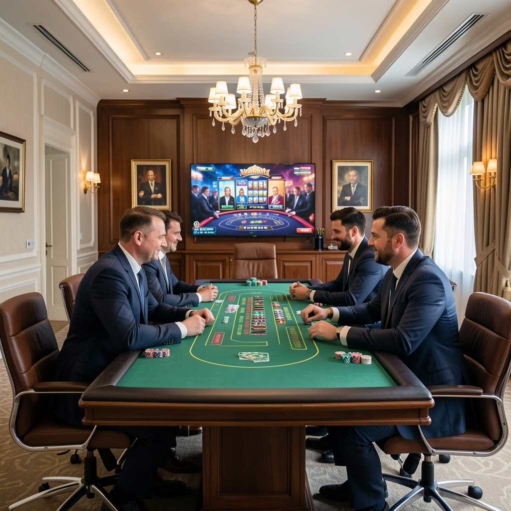 Integracja firmowa z grami kasynowymi, pracownicy przy stole do blackjacka w sali konferencyjnej elegancko urządzonej