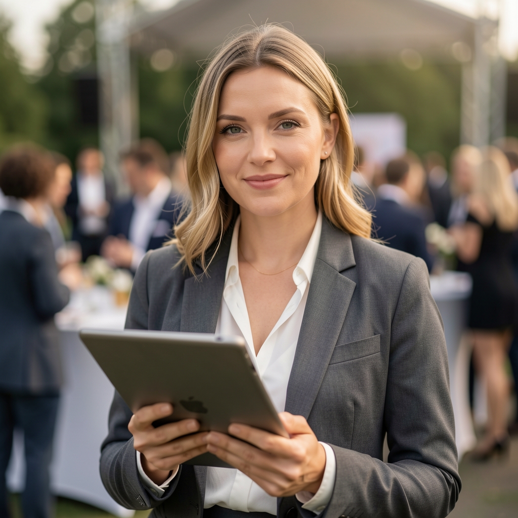 Anna Zielińska, koordynator logistyki NightVibeGather, kobieta z tabletem podczas organizacji eventu, portret w tle sali eventowej