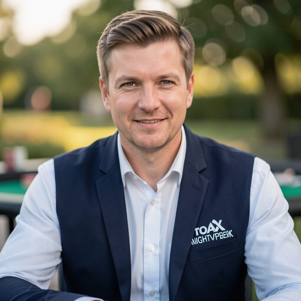 Tomasz Wróbel, główny krupier NightVibeGather, mężczyzna w kamizelce kasynowej przy stole do pokera, profesjonalne zdjęcie